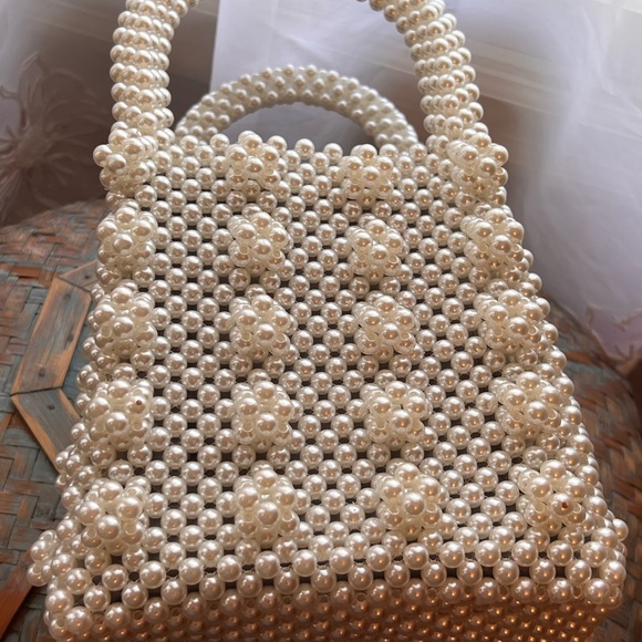 Beaded/Pearl Handmade Tote. White. Satin lined Interior. - Picture 2 of 15